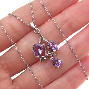 925 Sterling Silver Real Pear-Cut Amethyst Floral Cable Chain Necklace 18"